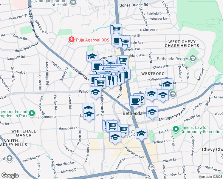 map of restaurants, bars, coffee shops, grocery stores, and more near 4960 Fairmont Avenue in Bethesda