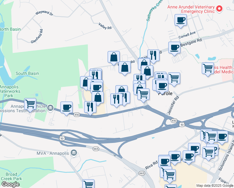 map of restaurants, bars, coffee shops, grocery stores, and more near 130 Lubrano Drive in Annapolis
