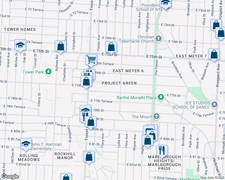map of restaurants, bars, coffee shops, grocery stores, and more near 1187 East 76th Terrace in Kansas City