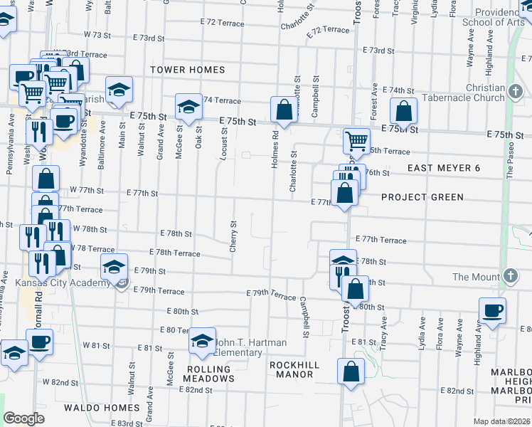map of restaurants, bars, coffee shops, grocery stores, and more near 631 East 77th Street in Kansas City