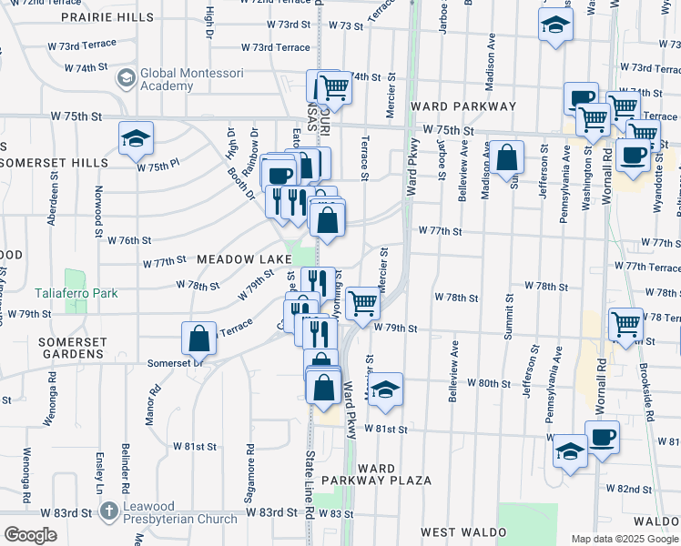map of restaurants, bars, coffee shops, grocery stores, and more near 1500 Meadow Lake Terrace in Kansas City