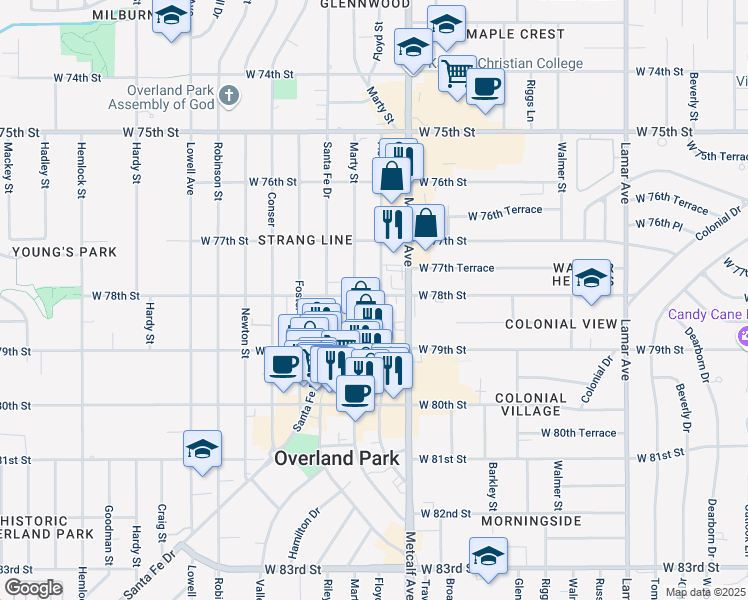 map of restaurants, bars, coffee shops, grocery stores, and more near in Overland Park