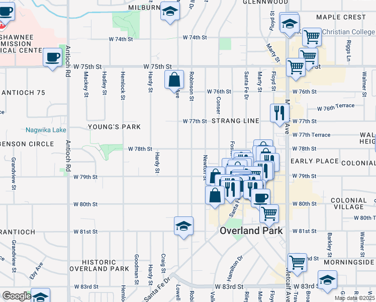 map of restaurants, bars, coffee shops, grocery stores, and more near 7729 Robinson Street in Overland Park