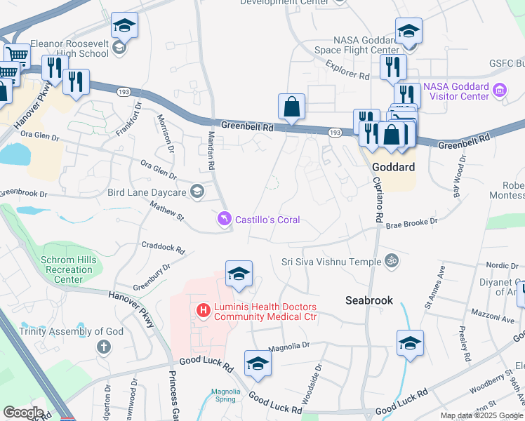 map of restaurants, bars, coffee shops, grocery stores, and more near 8459 Greenbelt Road in Greenbelt