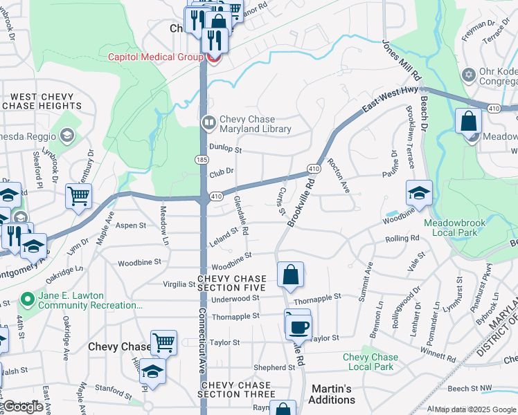 map of restaurants, bars, coffee shops, grocery stores, and more near in Martin's Additions