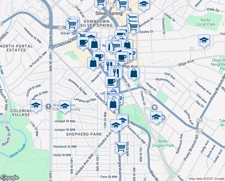 map of restaurants, bars, coffee shops, grocery stores, and more near 8060 13th Street in Silver Spring