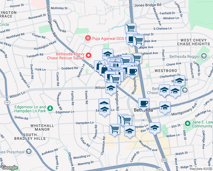 map of restaurants, bars, coffee shops, grocery stores, and more near 5033 Wilson Lane in Bethesda