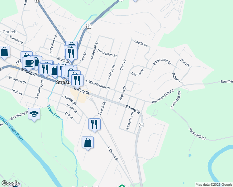 map of restaurants, bars, coffee shops, grocery stores, and more near 617 East Washington Street in Strasburg