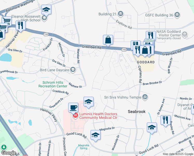 map of restaurants, bars, coffee shops, grocery stores, and more near 8459 Greenbelt Road in Greenbelt