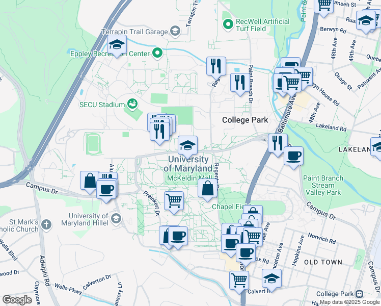 map of restaurants, bars, coffee shops, grocery stores, and more near Campus Drive in College Park