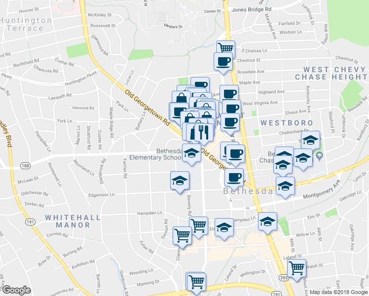 map of restaurants, bars, coffee shops, grocery stores, and more near 5033 Wilson Lane in Bethesda