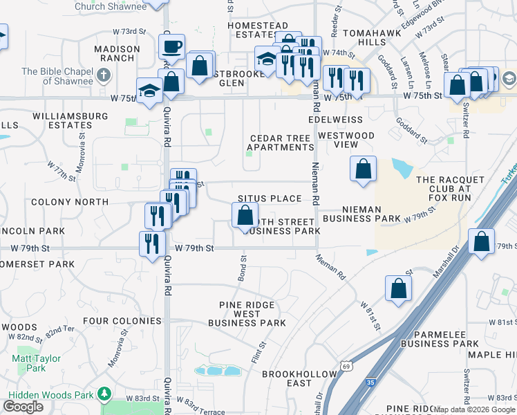 map of restaurants, bars, coffee shops, grocery stores, and more near 11327 West 77th Terrace in Overland Park