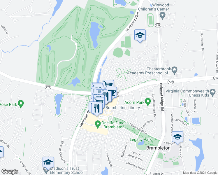 map of restaurants, bars, coffee shops, grocery stores, and more near 42381 Goldenseal Square in Brambleton