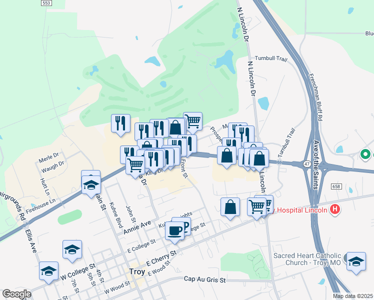 map of restaurants, bars, coffee shops, grocery stores, and more near 1 Troy Square in Troy