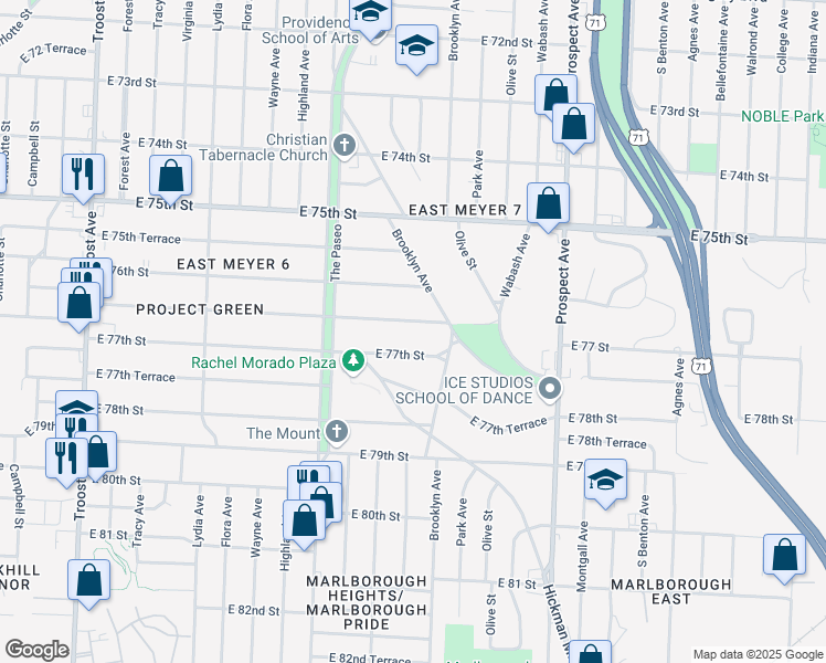 map of restaurants, bars, coffee shops, grocery stores, and more near 1876 East 76th Terrace in Kansas City