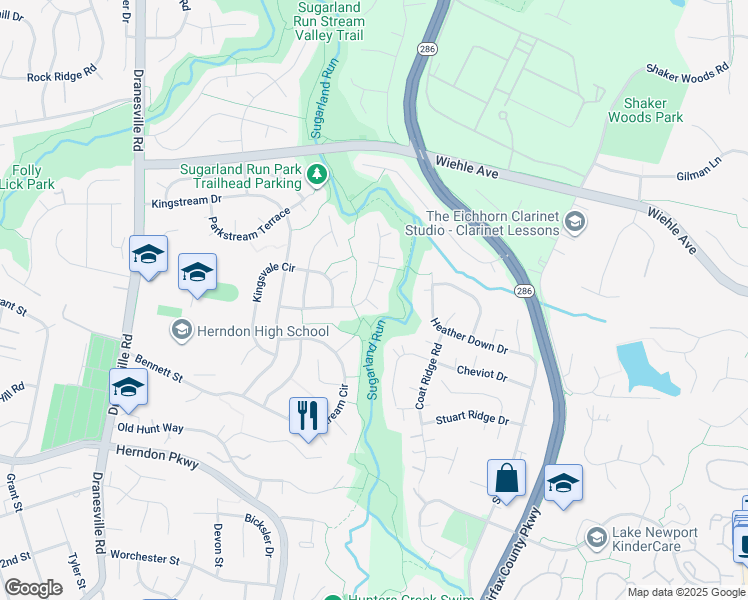 map of restaurants, bars, coffee shops, grocery stores, and more near 12137 Eddyspark Drive in Herndon