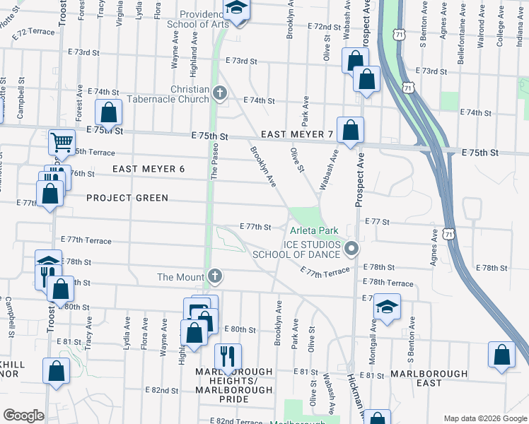 map of restaurants, bars, coffee shops, grocery stores, and more near 1876 East 76th Terrace in Kansas City