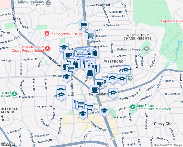 map of restaurants, bars, coffee shops, grocery stores, and more near 7750 Wisconsin Avenue in Bethesda