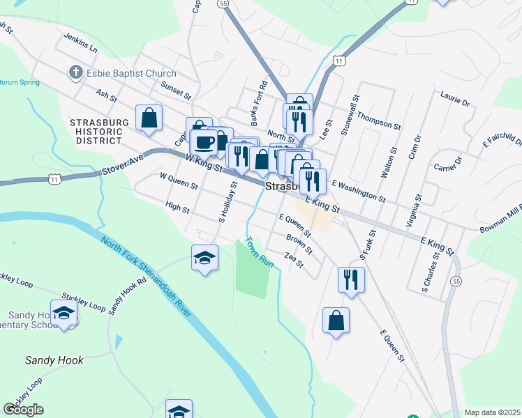 map of restaurants, bars, coffee shops, grocery stores, and more near 211 East Queen Street in Strasburg