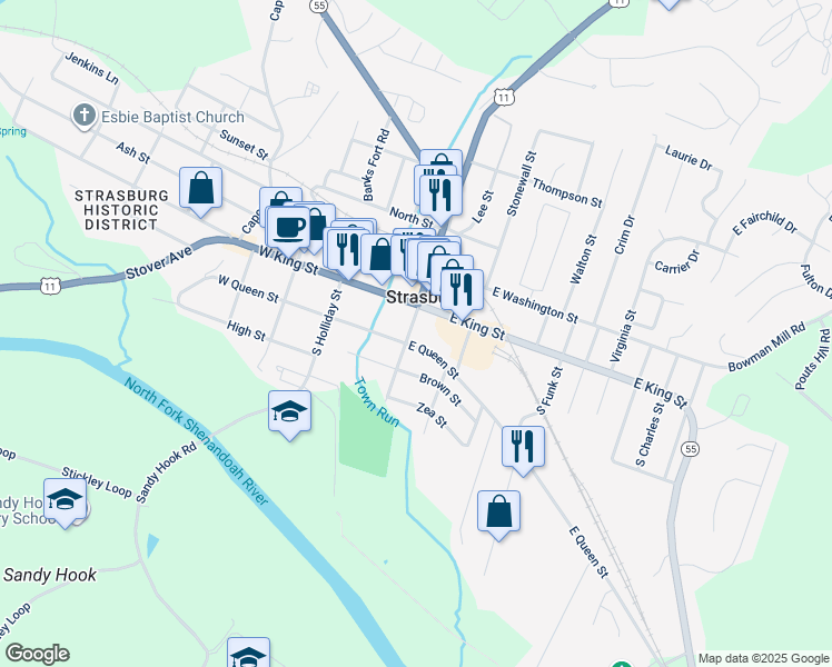 map of restaurants, bars, coffee shops, grocery stores, and more near 167 South Massanutten Street in Strasburg