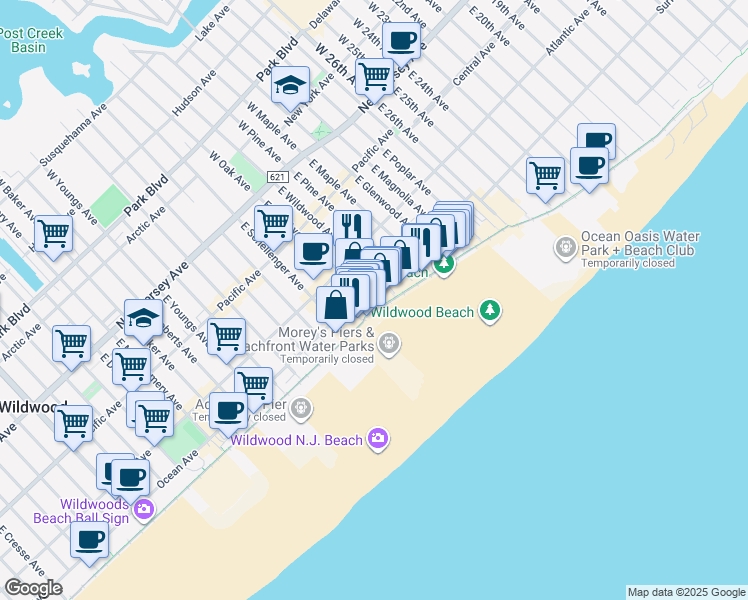 map of restaurants, bars, coffee shops, grocery stores, and more near 3300 Boardwalk in Wildwood
