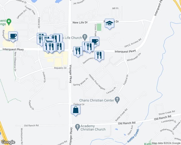 map of restaurants, bars, coffee shops, grocery stores, and more near 10851 Hidden Pool Heights in Colorado Springs