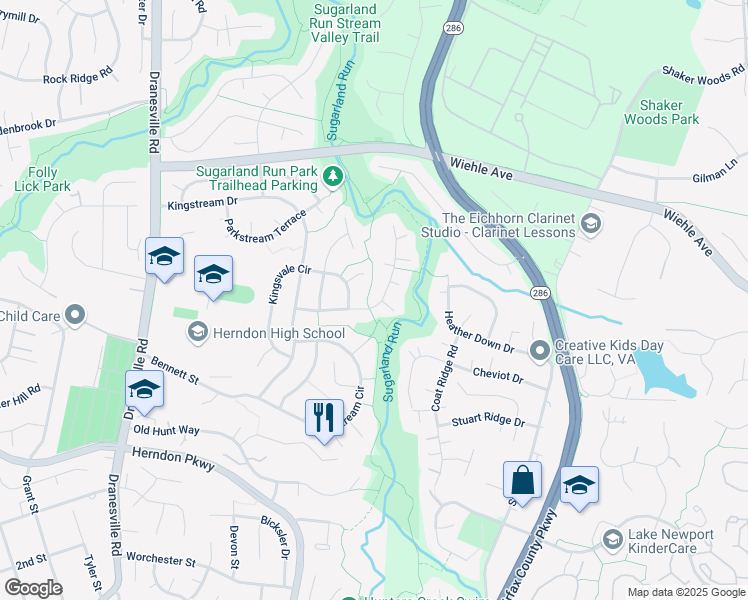 map of restaurants, bars, coffee shops, grocery stores, and more near 12146 Eddyspark Drive in Herndon