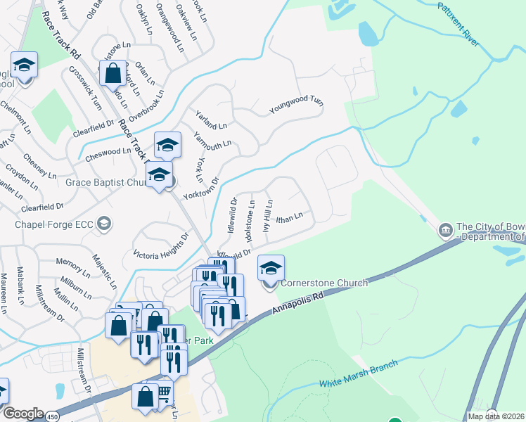map of restaurants, bars, coffee shops, grocery stores, and more near 3712 Ivy Hill Lane in Bowie