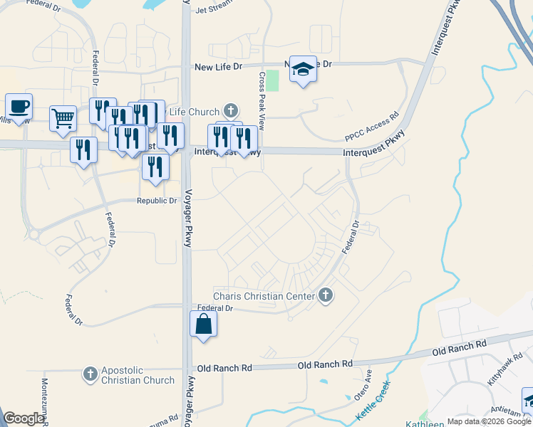 map of restaurants, bars, coffee shops, grocery stores, and more near 1803 Satin Spar Point in Colorado Springs