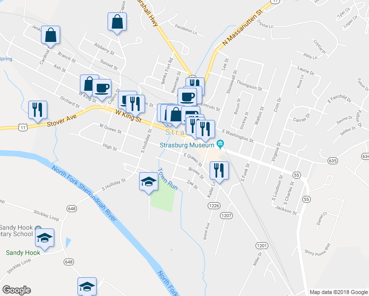 map of restaurants, bars, coffee shops, grocery stores, and more near 167 South Massanutten Street in Strasburg