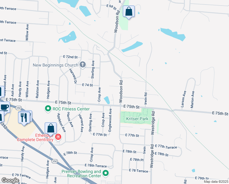 map of restaurants, bars, coffee shops, grocery stores, and more near 11533 East 74th Street Court in Kansas City
