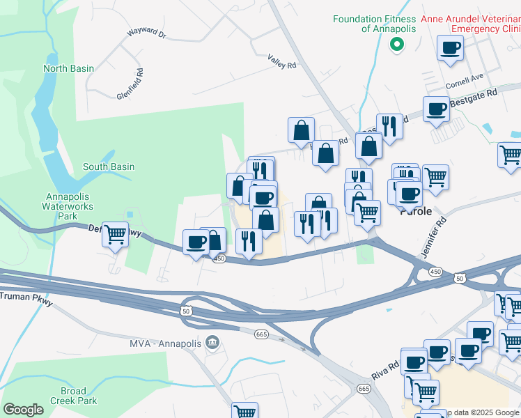 map of restaurants, bars, coffee shops, grocery stores, and more near 2631 Housley Road in Annapolis