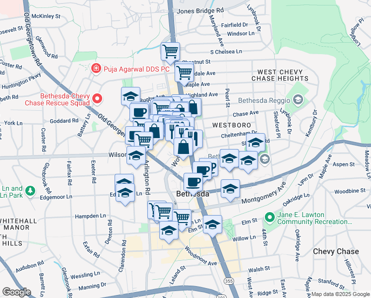 map of restaurants, bars, coffee shops, grocery stores, and more near 7750 Wisconsin Avenue in Bethesda