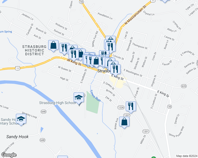map of restaurants, bars, coffee shops, grocery stores, and more near 299 East Queen Street in Strasburg