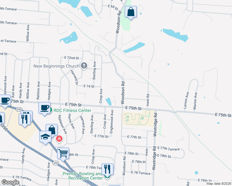 map of restaurants, bars, coffee shops, grocery stores, and more near 11533 East 74th Street Court in Kansas City