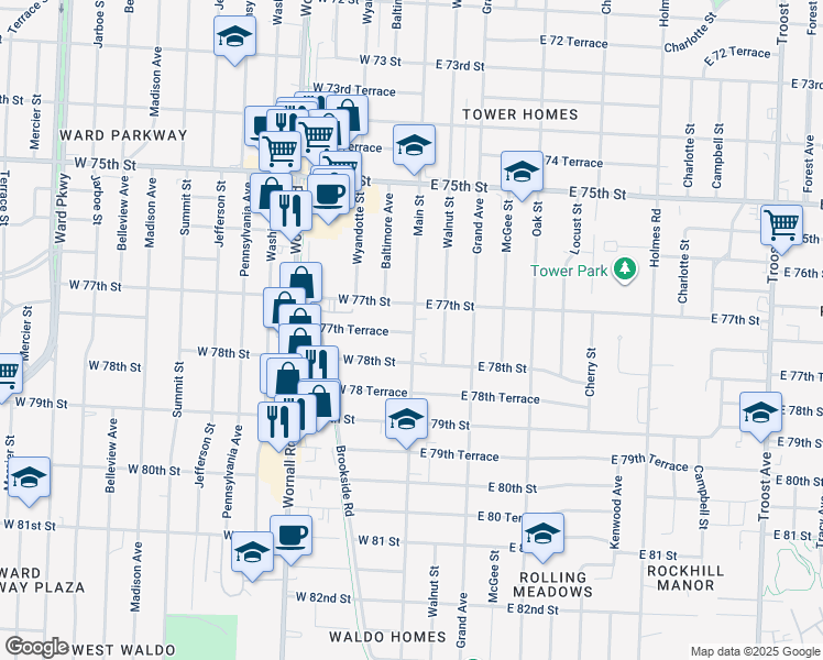 map of restaurants, bars, coffee shops, grocery stores, and more near 7716 Main Street in Kansas City