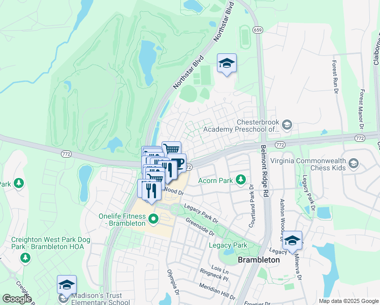 map of restaurants, bars, coffee shops, grocery stores, and more near 42435 Hollyhock Terrace in Brambleton