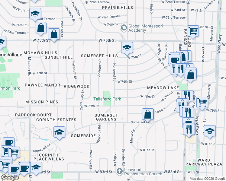 map of restaurants, bars, coffee shops, grocery stores, and more near 7674 Norwood Street in Prairie Village