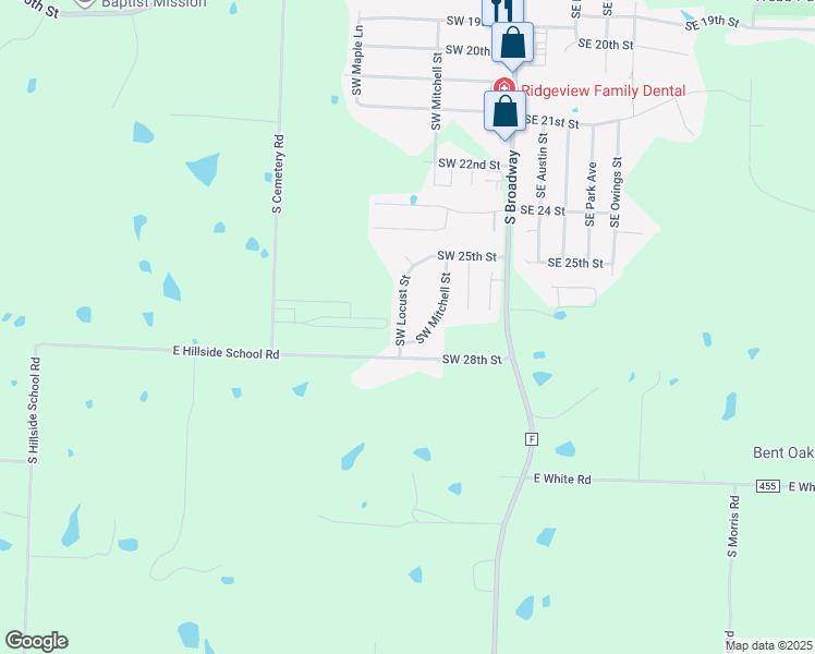 map of restaurants, bars, coffee shops, grocery stores, and more near 2511 Southwest Locust Street in Oak Grove