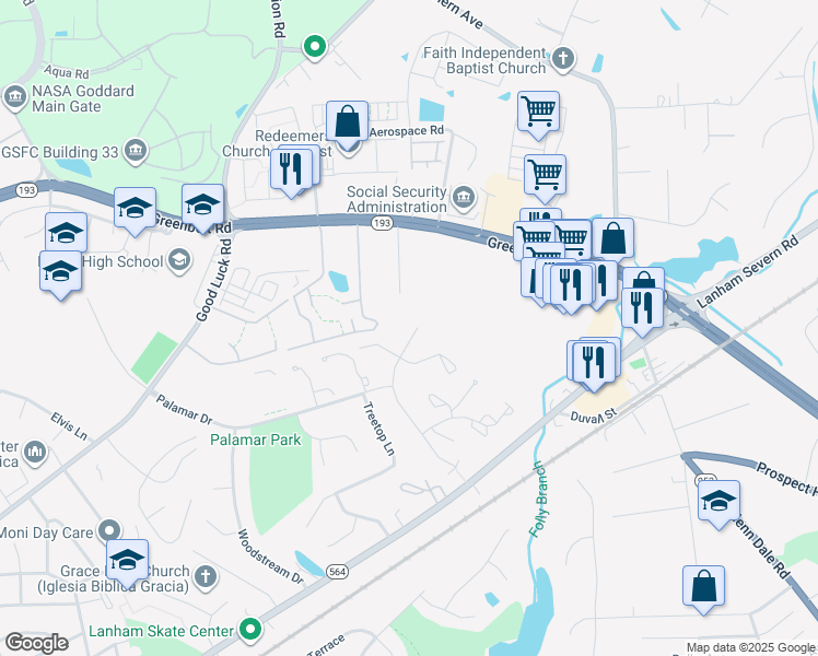 map of restaurants, bars, coffee shops, grocery stores, and more near 7124 Forbes Boulevard in Lanham