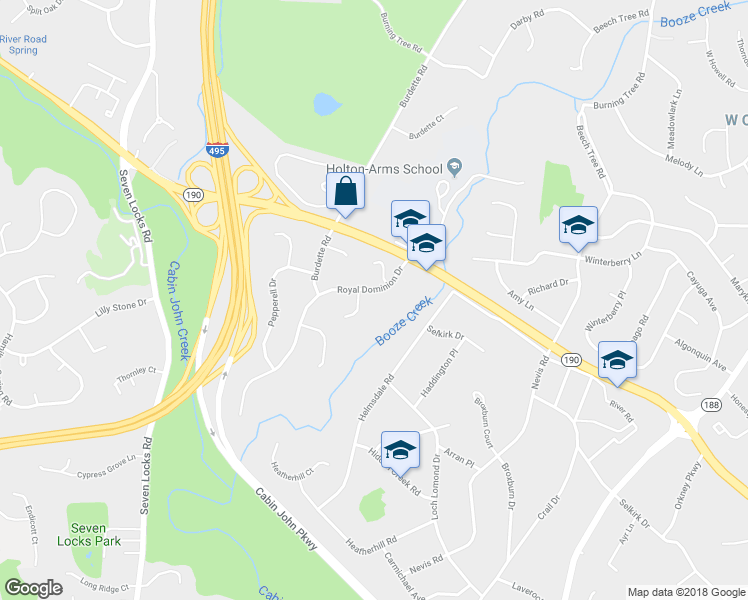 map of restaurants, bars, coffee shops, grocery stores, and more near 7412 Royal Dominion Drive in Bethesda