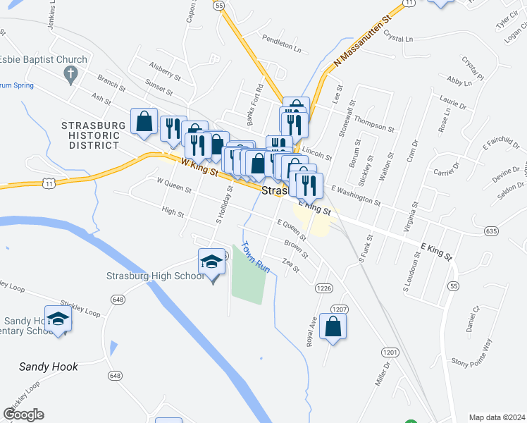 map of restaurants, bars, coffee shops, grocery stores, and more near 247 East Queen Street in Strasburg