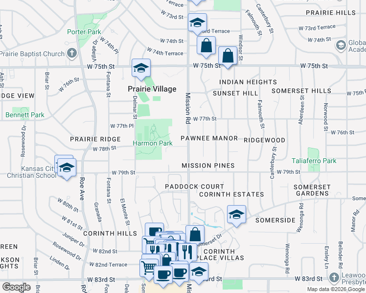 map of restaurants, bars, coffee shops, grocery stores, and more near 7810 Mission Road in Prairie Village