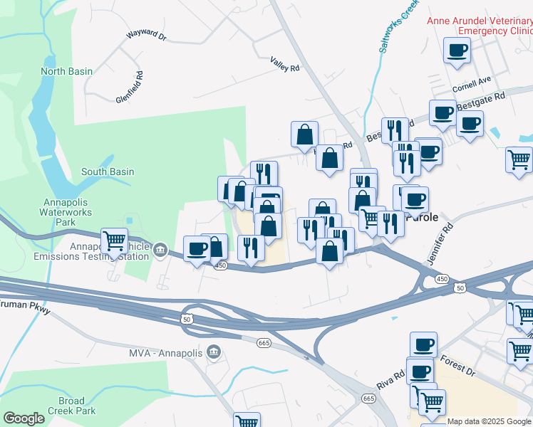 map of restaurants, bars, coffee shops, grocery stores, and more near 2631 Housley Road in Annapolis