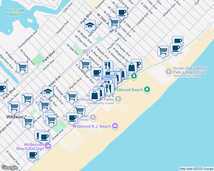 map of restaurants, bars, coffee shops, grocery stores, and more near 330 East Oak Avenue in Wildwood