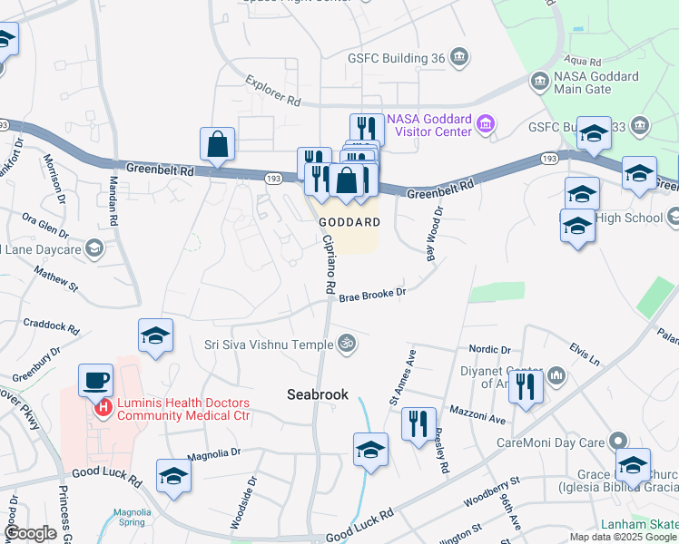map of restaurants, bars, coffee shops, grocery stores, and more near 7101 Cipriano Road in Lanham