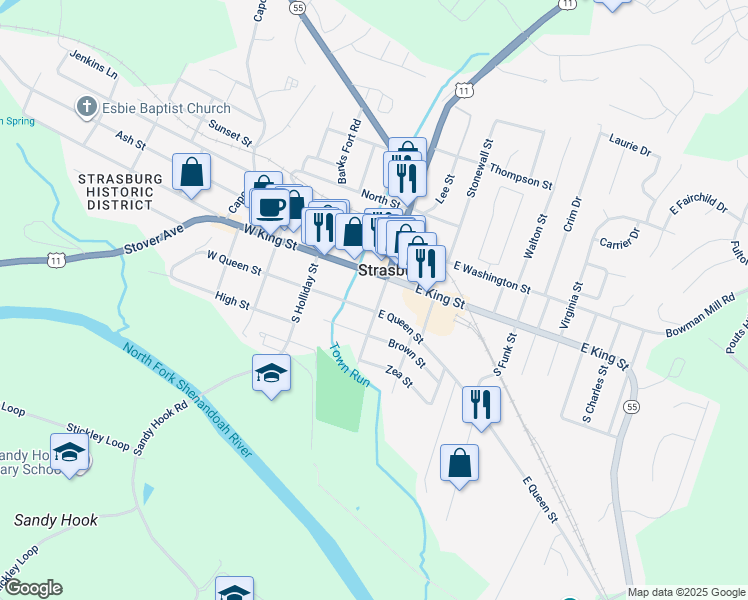 map of restaurants, bars, coffee shops, grocery stores, and more near 170 South Massanutten Street in Strasburg