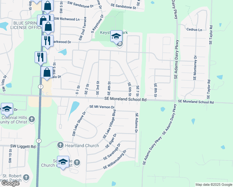 map of restaurants, bars, coffee shops, grocery stores, and more near 412 Southeast Sherri Lane in Blue Springs