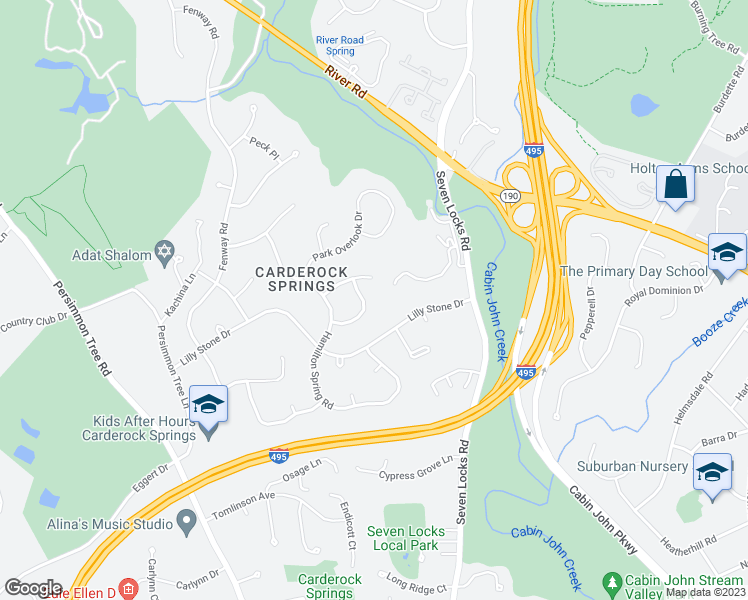 map of restaurants, bars, coffee shops, grocery stores, and more near 7713 Glenmore Spring Way in Bethesda