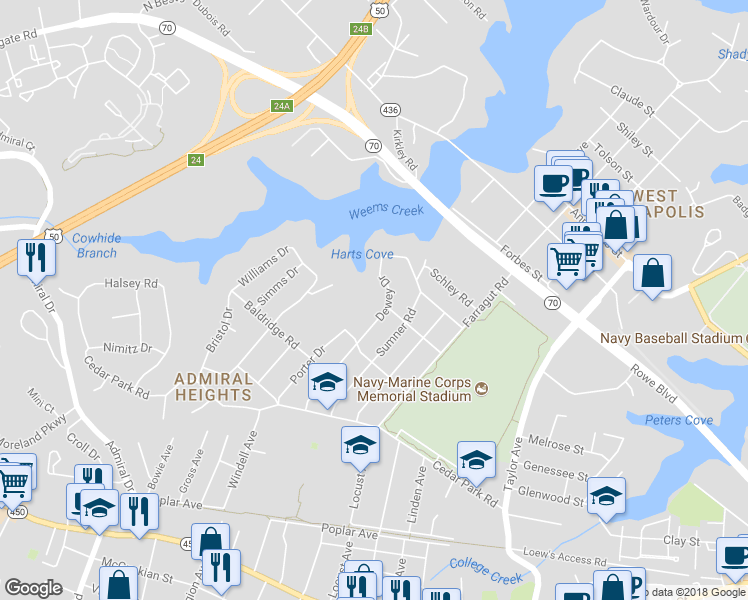 map of restaurants, bars, coffee shops, grocery stores, and more near 307 Dewey Drive in Annapolis